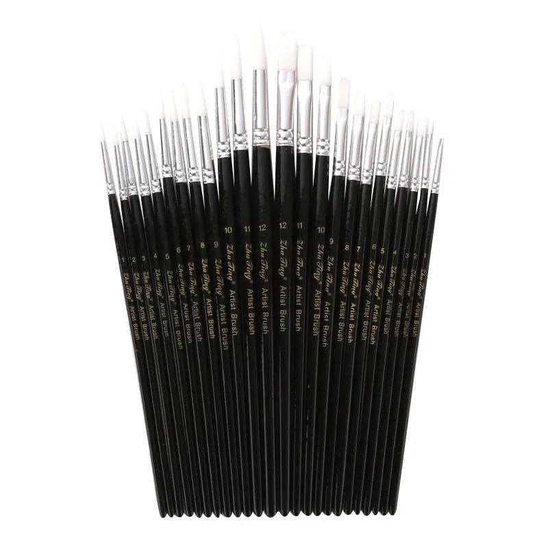 12 PCs Black Stick Rush Watercolor White Nylon Hair Brush Art