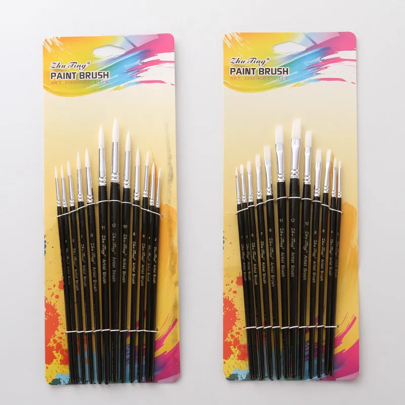 12 PCs Black Stick Rush Watercolor White Nylon Hair Brush Art