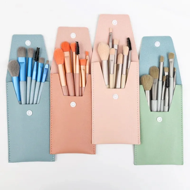 8 mini makeup brush set Morandi portable makeup brush soft hair beauty tool brush with leather bag cover