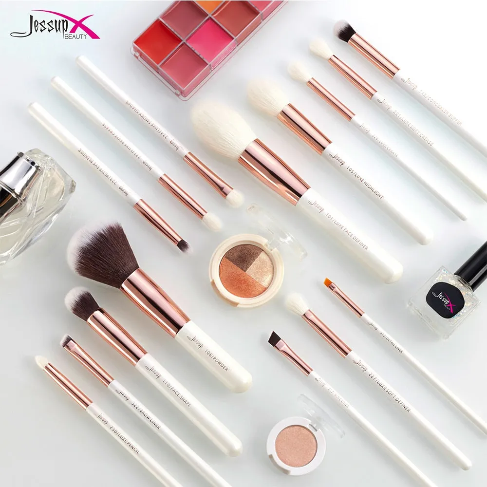 Jessup brushes Pearl White/Rose Gold Makeup brushes set Professional Beauty Make up brush Natural hair Foundation Powder Blushes