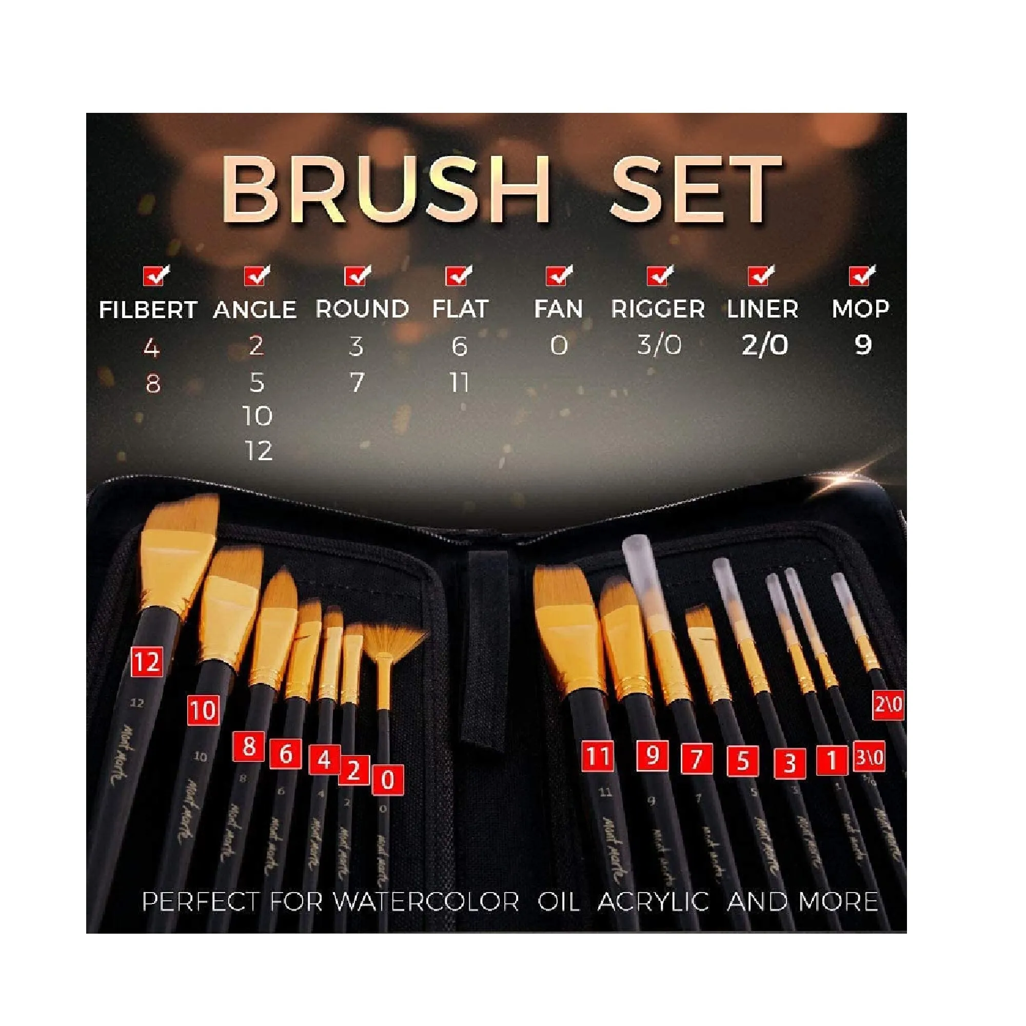 Mont Marte Art Paint Brushes Set | Great for Watercolor | Acrylic | Oil-15 Different Sizes