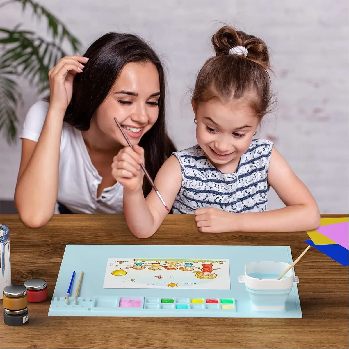 Optifit® 50*40cm Silicone Craft Mat for Painting Play Doh and Clay for Kids, Non-Stick Multipurpose Silicone Sheet with Cleaning Cup and Color Mixing Plate for Arts and Crafts, Painting