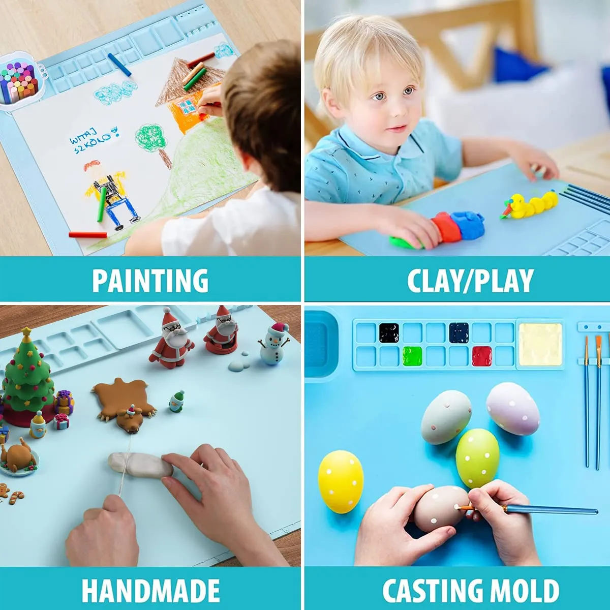 Optifit® 50*40cm Silicone Craft Mat for Painting Play Doh and Clay for Kids, Non-Stick Multipurpose Silicone Sheet with Cleaning Cup and Color Mixing Plate for Arts and Crafts, Painting