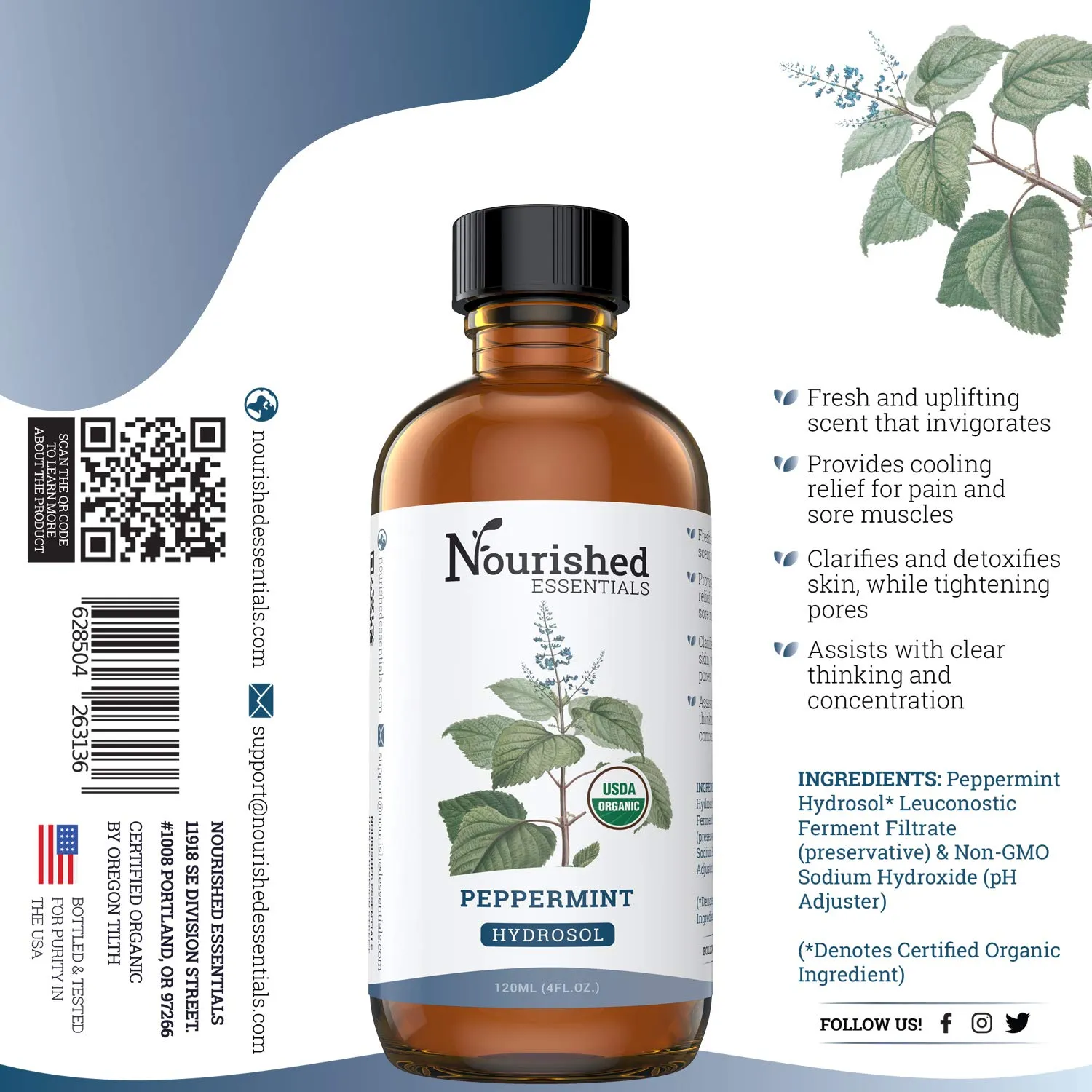 Organic Peppermint Hydrosol by Nourished Essentials - Refreshing Essential Oil Foot Spray