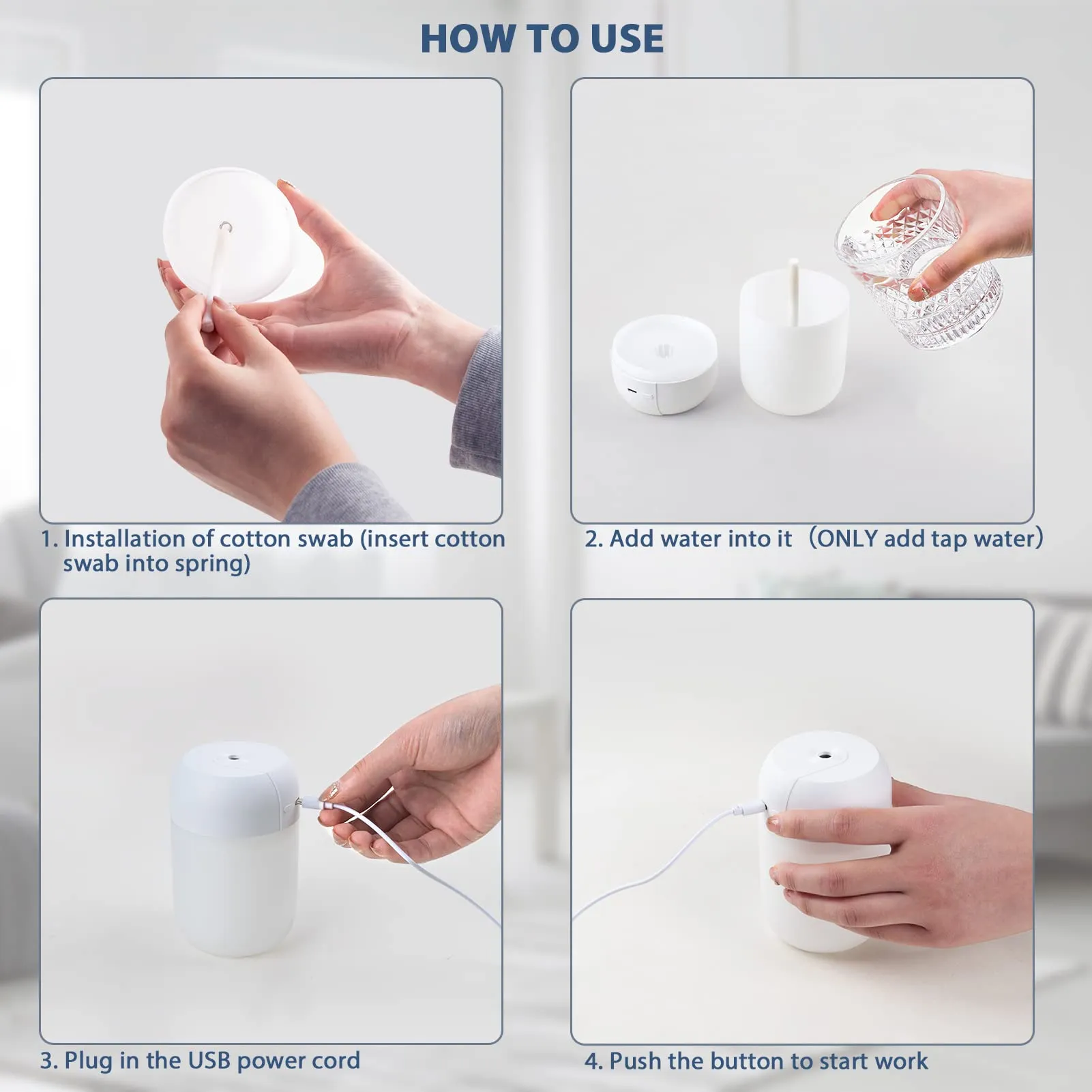 Portable Mini Humidifier: Night Light Small Humidifier for Bedroom 260ml, USB Personal Desktop Humidifier for Baby Bedroom Travel Office Home, Auto Shut-Off, 2 Spray Modes, Super Quiet (White)