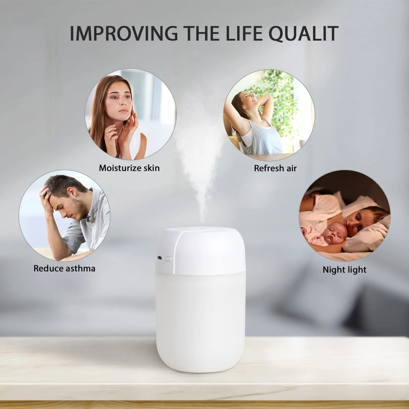 Portable Mini Humidifier: Night Light Small Humidifier for Bedroom 260ml, USB Personal Desktop Humidifier for Baby Bedroom Travel Office Home, Auto Shut-Off, 2 Spray Modes, Super Quiet (White)