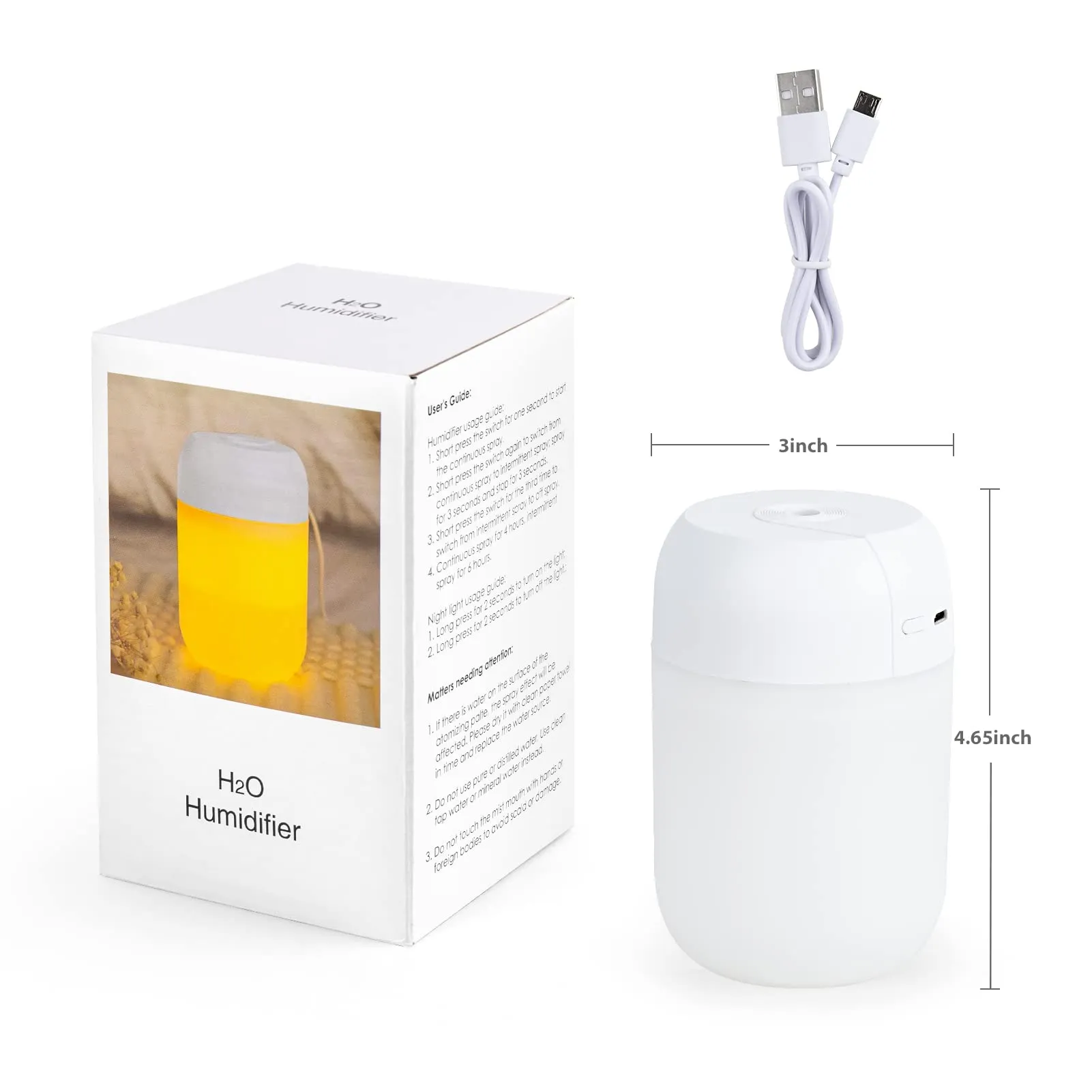 Portable Mini Humidifier: Night Light Small Humidifier for Bedroom 260ml, USB Personal Desktop Humidifier for Baby Bedroom Travel Office Home, Auto Shut-Off, 2 Spray Modes, Super Quiet (White)