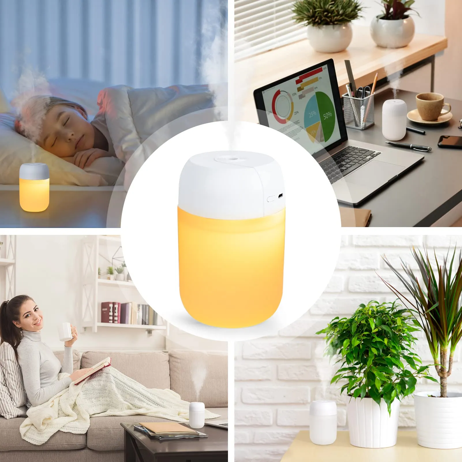 Portable Mini Humidifier: Night Light Small Humidifier for Bedroom 260ml, USB Personal Desktop Humidifier for Baby Bedroom Travel Office Home, Auto Shut-Off, 2 Spray Modes, Super Quiet (White)