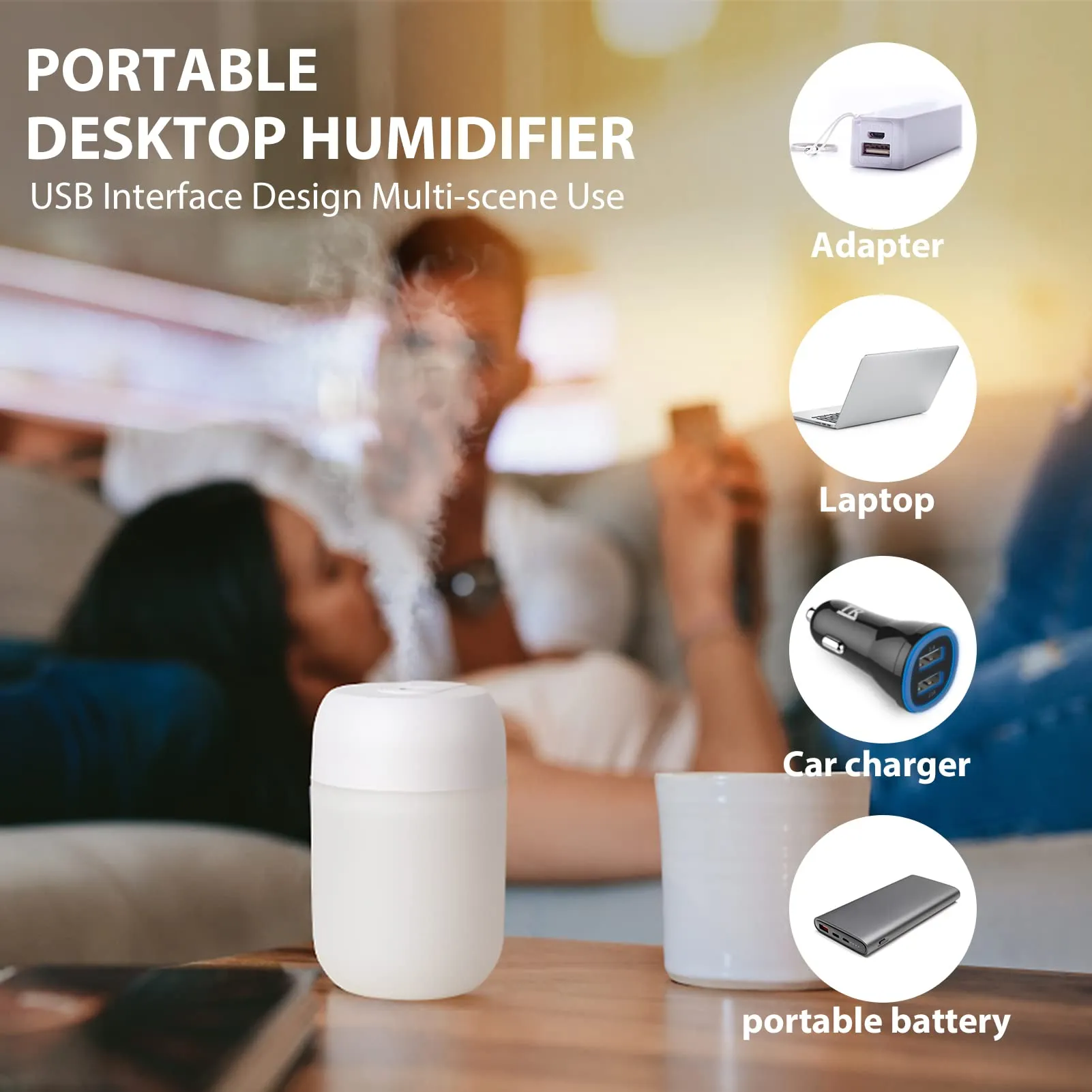 Portable Mini Humidifier: Night Light Small Humidifier for Bedroom 260ml, USB Personal Desktop Humidifier for Baby Bedroom Travel Office Home, Auto Shut-Off, 2 Spray Modes, Super Quiet (White)