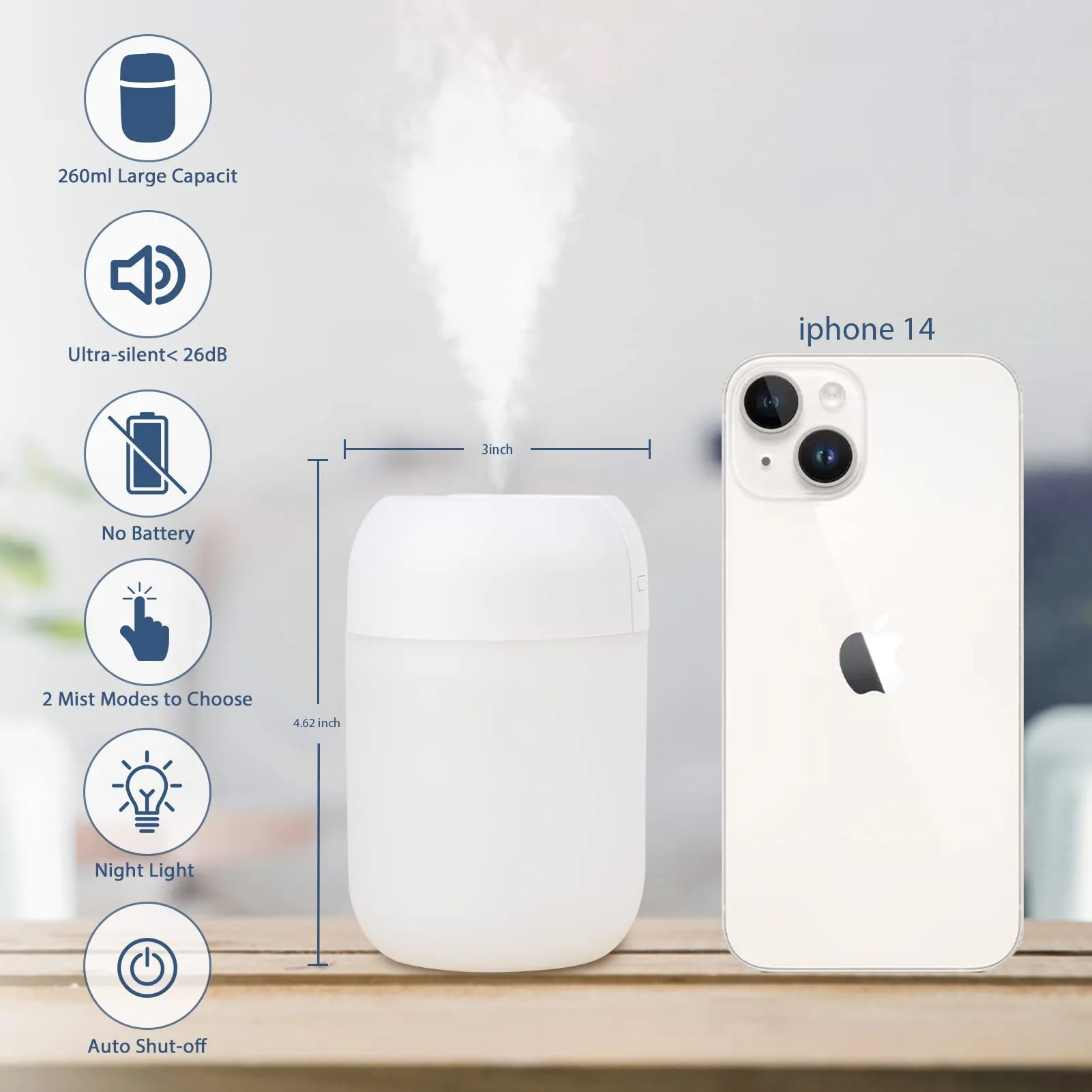 Portable Mini Humidifier: Night Light Small Humidifier for Bedroom 260ml, USB Personal Desktop Humidifier for Baby Bedroom Travel Office Home, Auto Shut-Off, 2 Spray Modes, Super Quiet (White)