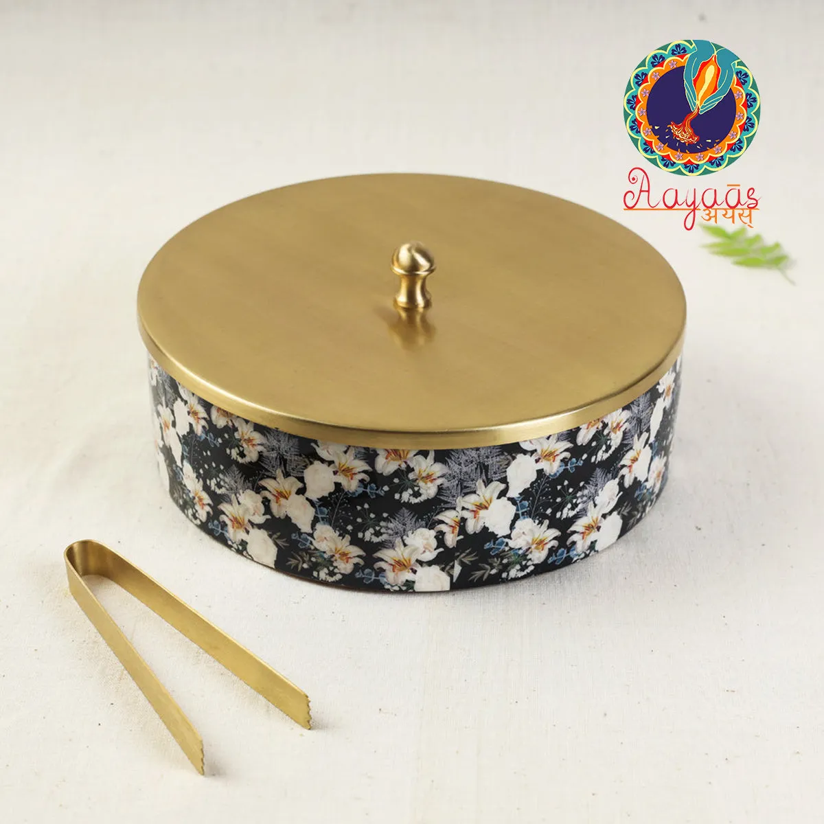 Special Handcrafted Brass Lid Wooden Roti Box with Tong